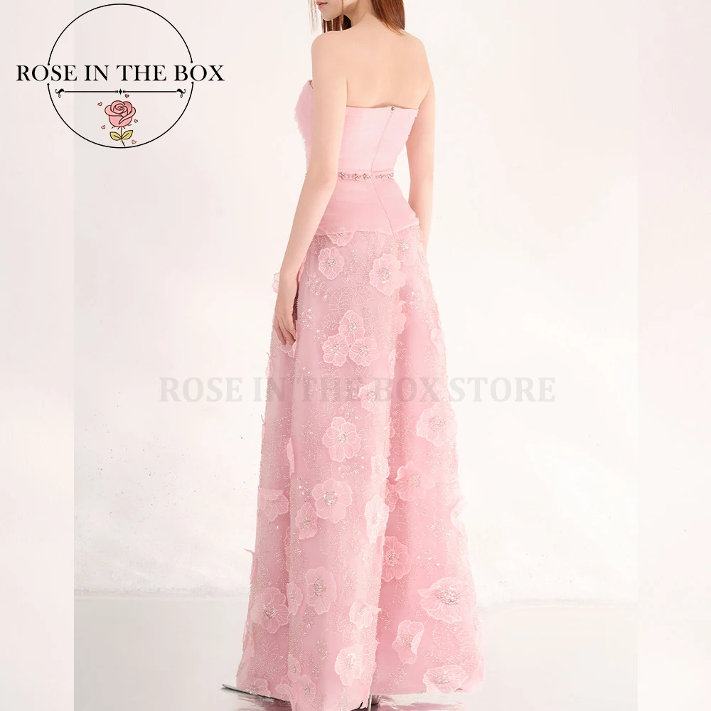 ROSEINTHEBOX Customized Pink Strapless A-line 3D Floral Evening Dresses Romantic Formal Dress Long Prom Dress for Christmas