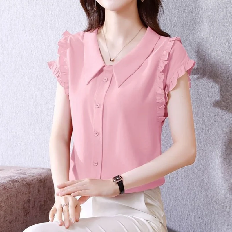 Elegante moda Solid Ruffles Button Shirt estate 2024 New Peter Pan Collar manica corta Slim pullover camicetta abbigliamento donna