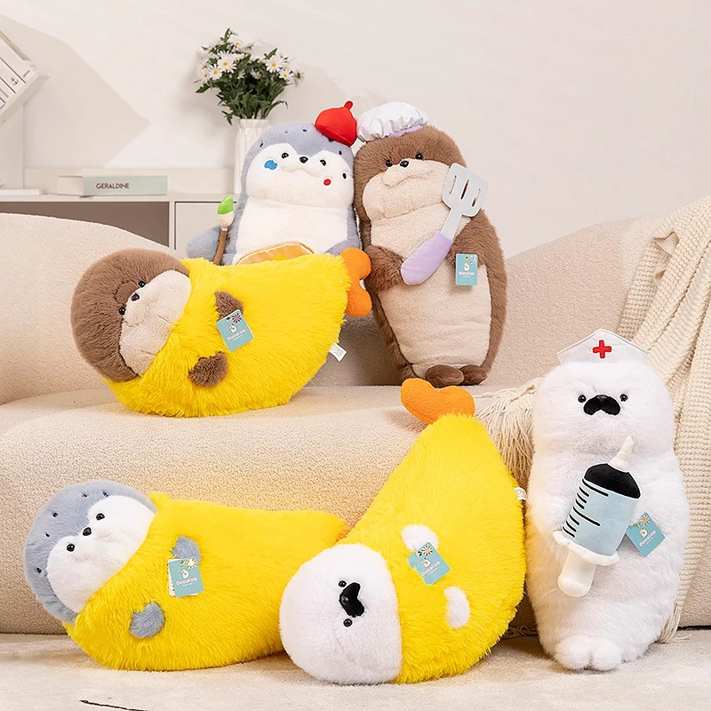 Cute Fried Shrimp And Seal Plush Toys Lovely Cartoon Seals Plush Doll Role Playing Seal Plush Pillows Appease Sleeping Kids Gift