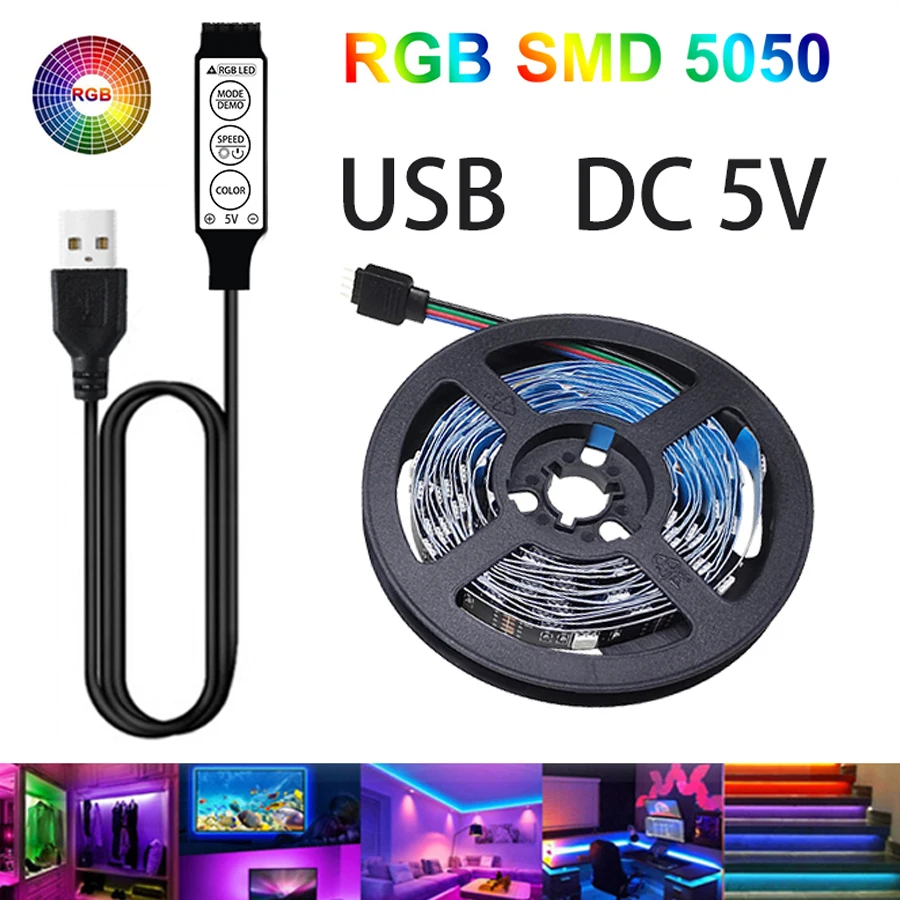 

LED Strip Light 5050 Flexible Lamp Tape 3key Sound Sensor RGB Ribbon 1M 2M 3M 4M DC5V Decoration TV BackLight