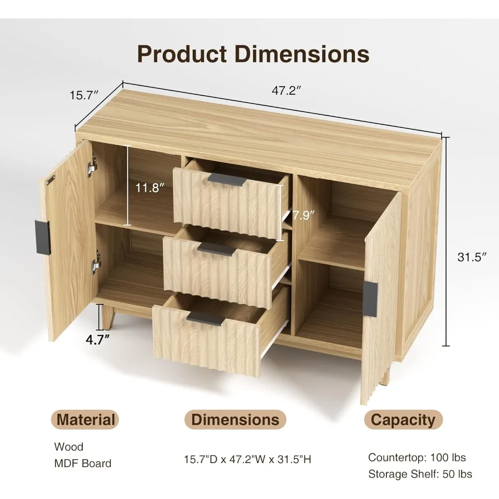 Storage Cabinet with 3 Drawers, Fluted Buffet Cabinets with Storage, Sideboard Cabinets with 2 Door, TV Stand Coffee Bar Cabinet