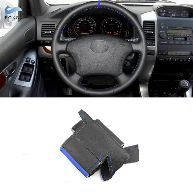 For Toyota Land Cruiser Prado Tacoma 4Runner Highlander Tundra Lexus LS400 GX470 Car Steering Wheel Leather Cover Blue Strip