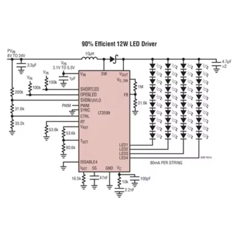 LT3599EUH LT3599IUH LT3599 - 4-String 120mA LED Driver with +-1.5% Current Matching