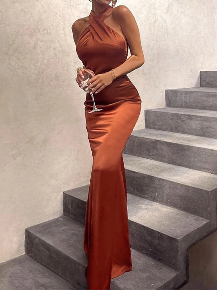 Halter 2023 Cutout Backless Cocktail Party Long Style Fishtail Dress Criss Cross Satin Sexy Slim Fitting Sleeveless Fashion Gown