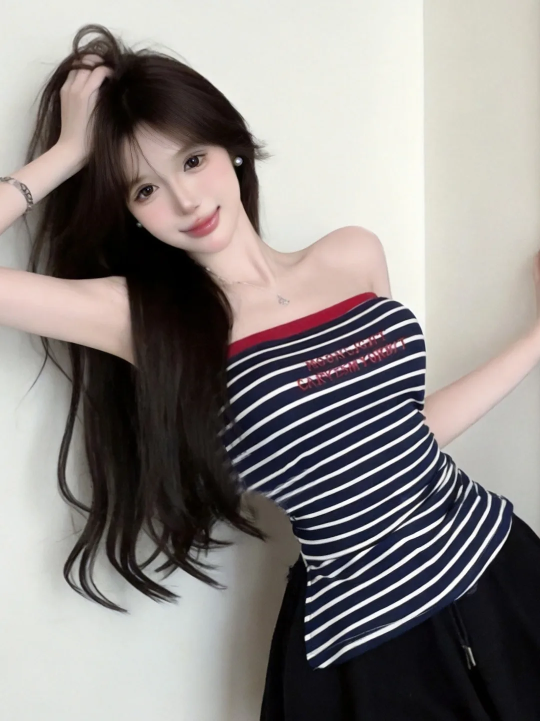 Sweet Spicy Girl Retro Color Block Striped Chest Pad Wrap Sexy One Shoulder Letter Embroidery Slit Vest Women's Fashion Top
