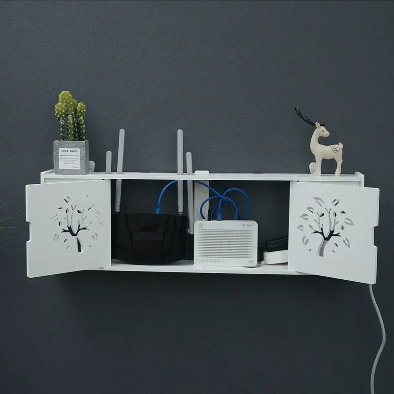 Wireless Router Storage Box, WallMounted Cable Organizer, PVC Panel Plug Shelf, Home Decor Bracket, SpaceSaving Device Holder.