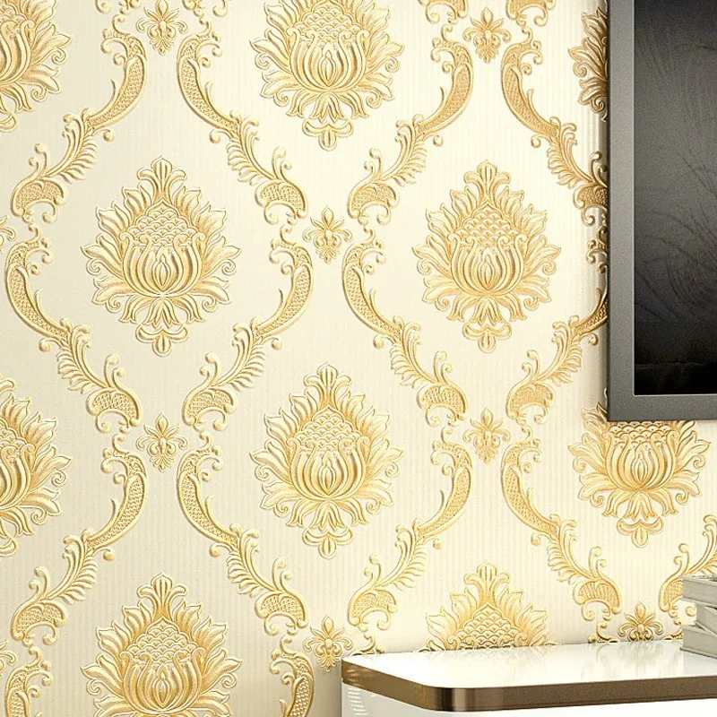 

Европейские флизелиновые обои 3D класса люкс с тиснением под золотой дамаск для фонов телевизоров, спален, гостиных