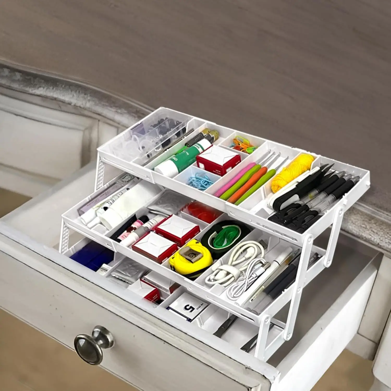 3 Tier Drawer Organizer, Expandable Smart Drawer Organizer Multi Level, Collapsible Shallow Storage Drawers Tray Desk Organizer