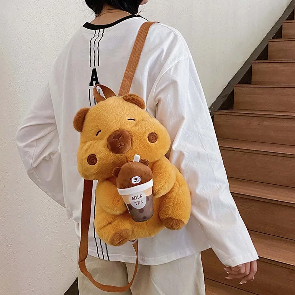 Verdickter süßer Capybara-Plüsch-Rucksack, Bär, Milch, Teetasse, braune Puppentasche, PP-Baumwolle, verstellbare Träger, Cartoon-Tagesrucksack, Freunde
