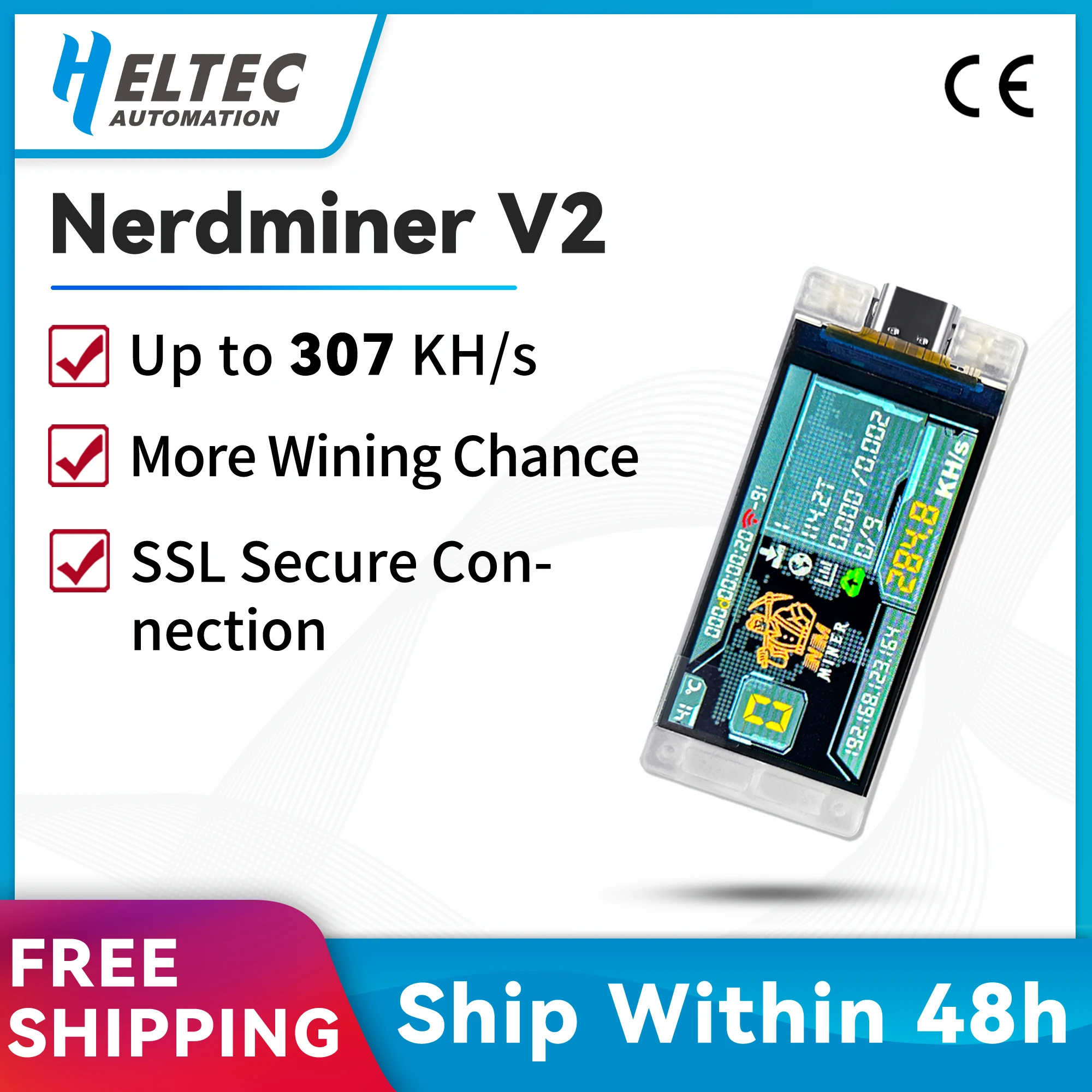 Bitcon Nerd Miner BTC Crypto Solo Lottery 307KH/s Heltec Vision Master T190 Win BTC with Low Power Consumption WiFi Connection