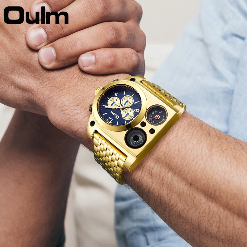 OULM Luxury Military Men Watches Compass Temperature Display Movement Three Time Clock Big Dial Quartz Business Men WristWatch