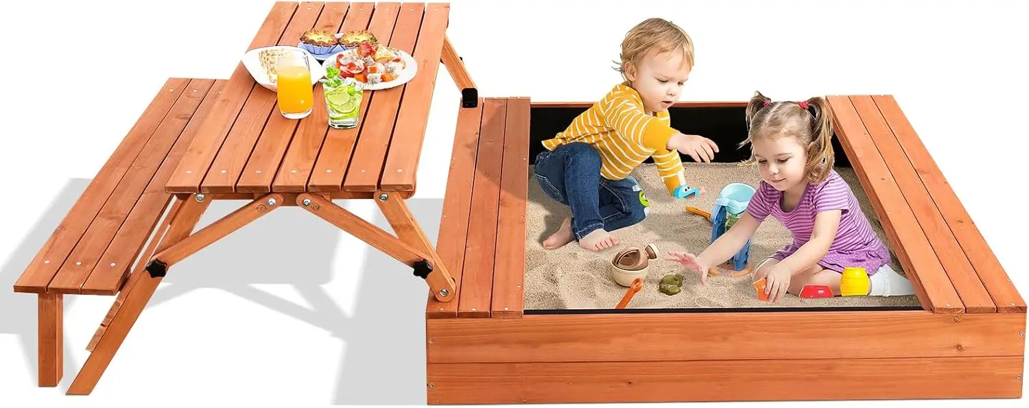 

Kids Outdoor Wooden Sandbox Large Kids Sand Box with Lid Sand Box with Cover Gift for Ages 2-8 Foldable Picnic Table and Seat Bo