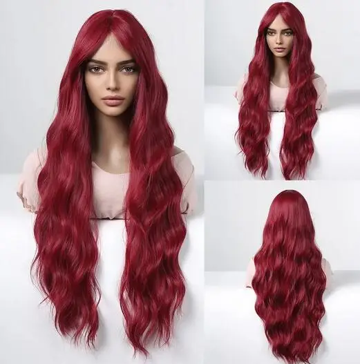 Wine Red Burgundy Long Water Wave Synthetic Wigs with Bangs for Women Cosplay Halloween Curly Wave Hair Wig Heat Resistant Fiber