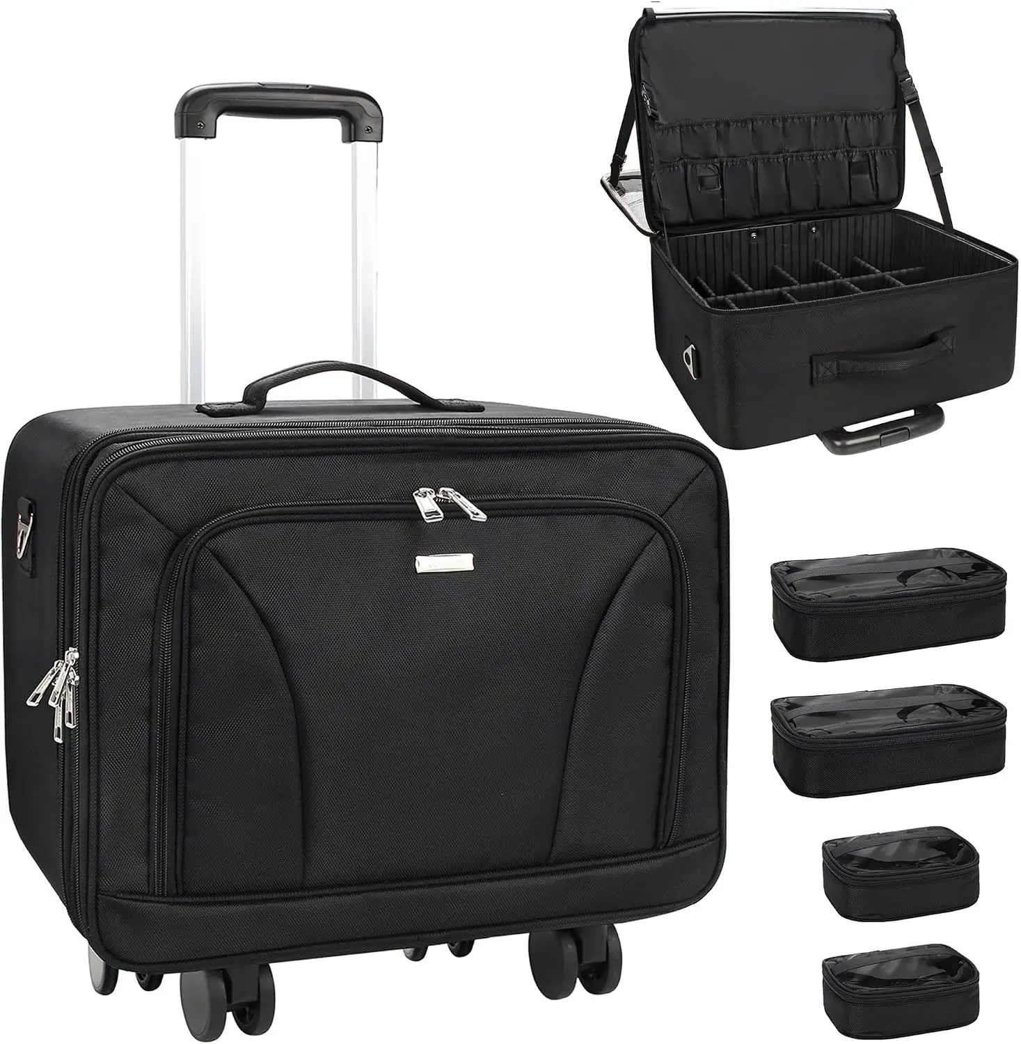Maleta de Maquiagem Extra Grande com Rodas para Viagem com 360 Graus de Rotação °   Rodas Giratórias, 3 Camadas com Compartimento Isolado e 4 Bolsas Transparentes