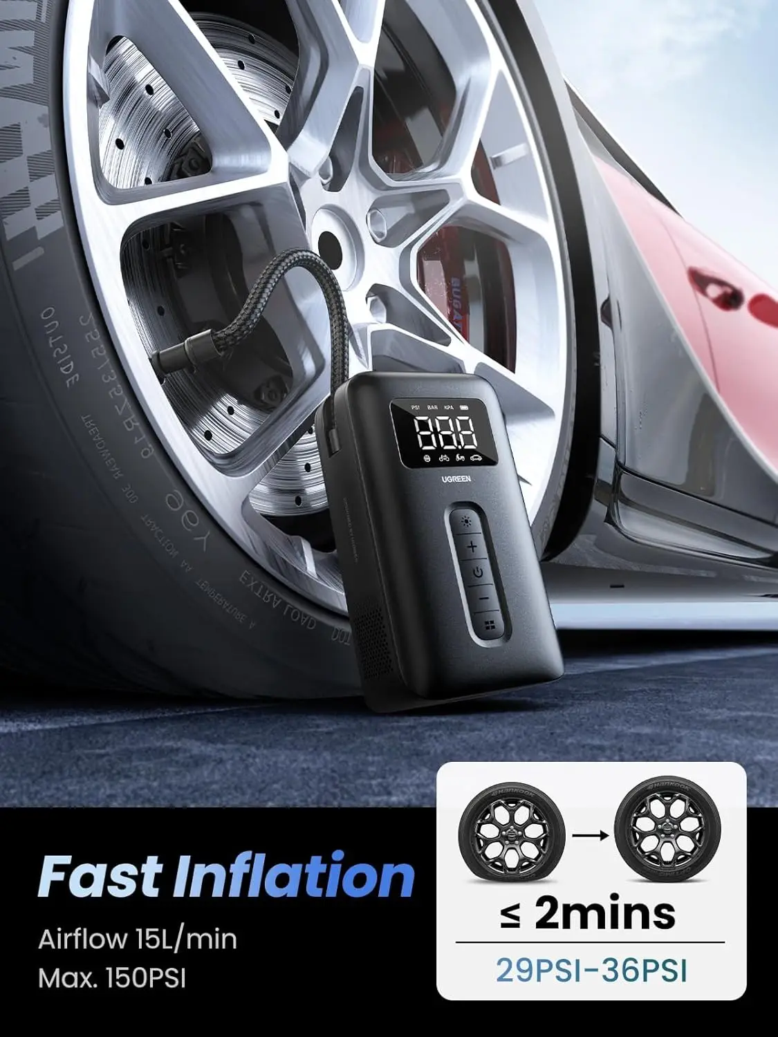 UGREEN Tire Inflator Portable Air Compressor Air Pump with Battery LED Light Cordless Tire pump for Cars Bikes Motorcycle Balls