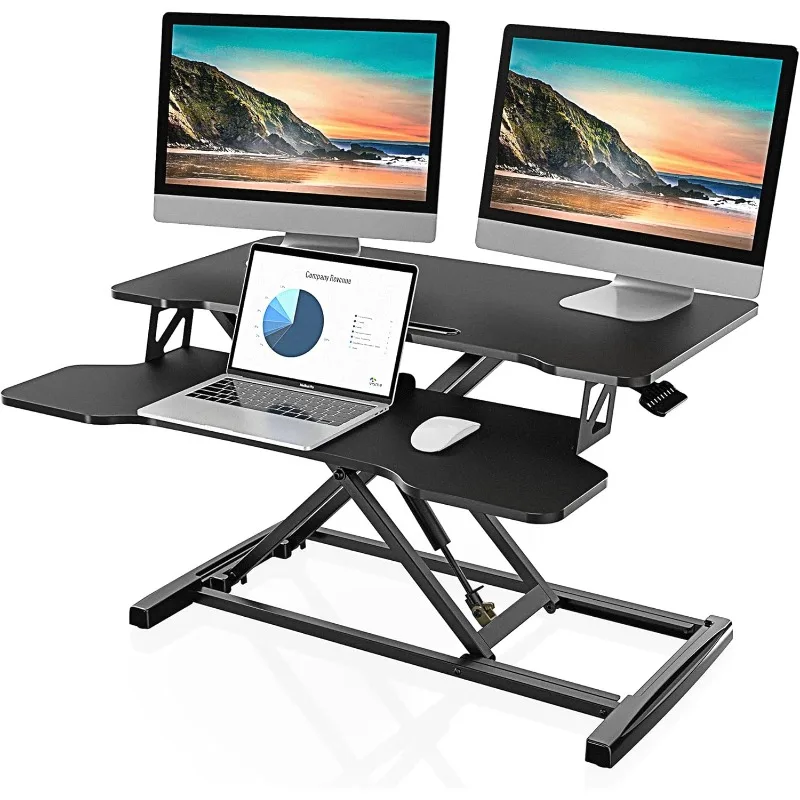 

Height Adjustable Standing Desk 32” Wide Sit to Stand Converter Stand Up Desk Tabletop Workstation for Dual Monitor Riser