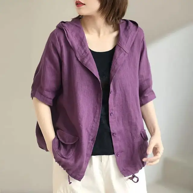 

Loose Retro Casual Thin Cotton Hooded Cardigan Short Sleeved Jacket Women's Summer Short Jacket Top