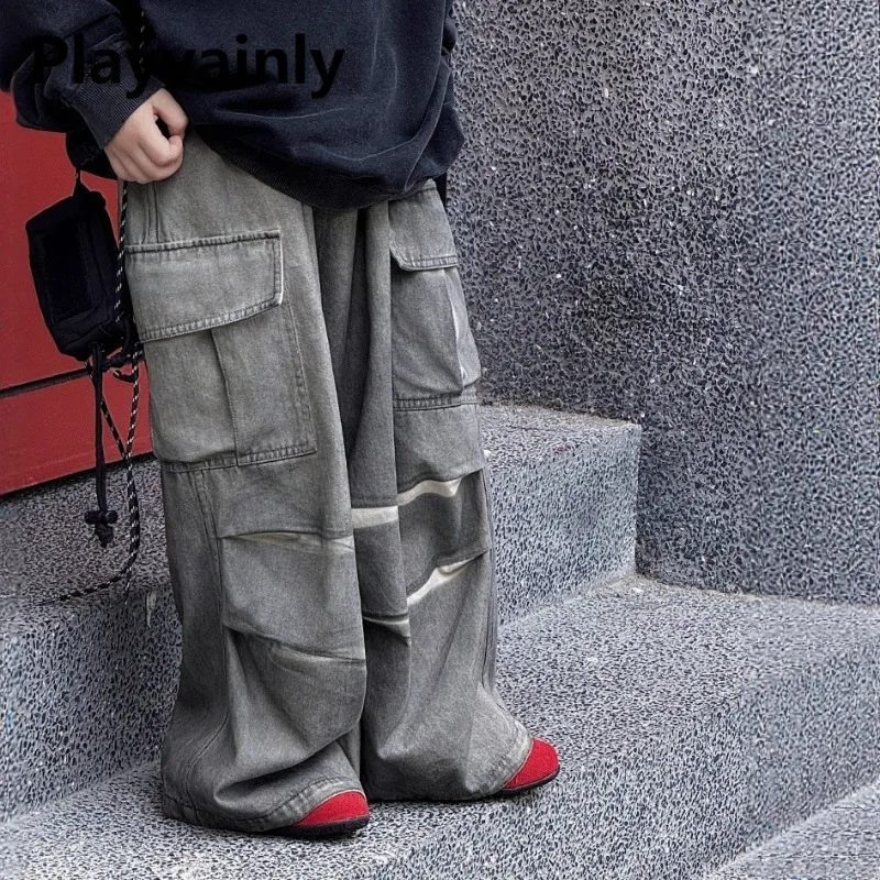 

Осень 2024, модные широкие брюки в стиле ретро для мальчиков, свободные прямые брюки с большим карманом, детские модные универсальные брюки-карго A85208