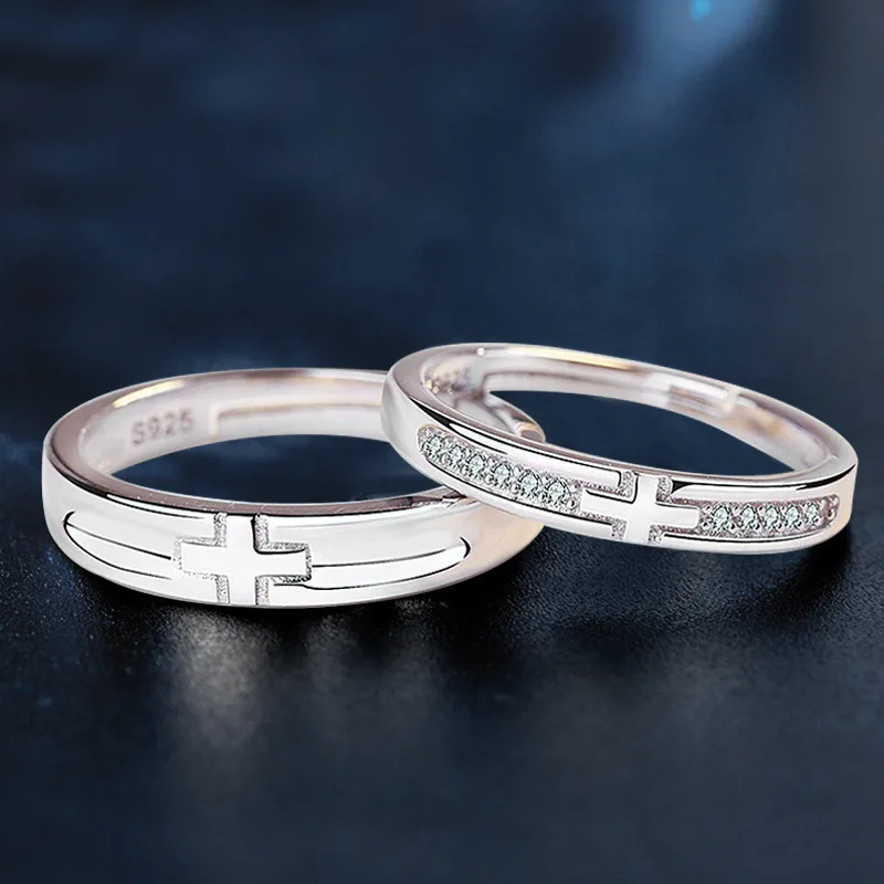 

Korean-style fashion couple rings for men and women, 925 sterling silver cross pair rings with zircon, adjustable jewelry