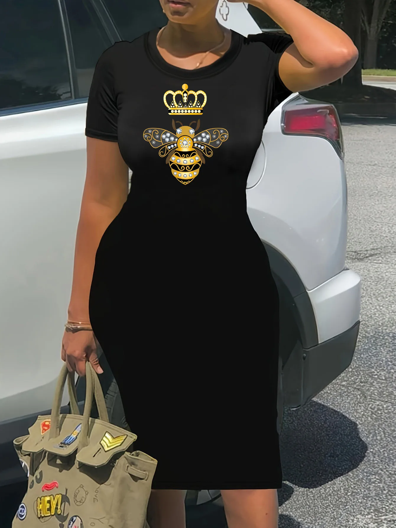 Abito estivo nero sexy da donna AMORE carattere stampa casual slim fit senza maniche girocollo T-shirt mini abito