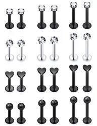 2pcs/24pcs 16G Stainless Steel Earrings Labret Monroe Piercing Lip Tragus Helix Rook Piercing Jewelry for Women Men 8mm Black