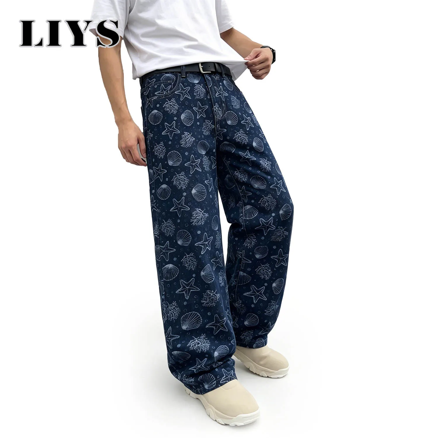 

LIYS Men's American Retro Ocean Shell Printed Holiday Style Printed Loose Straight Leg Wide Leg Fashion High Street Casual Pants