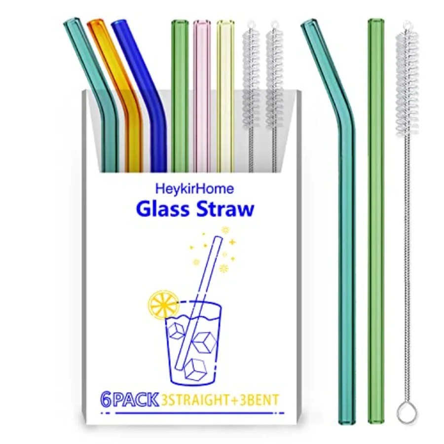 Paquete de 6 pajitas de vidrio reutilizables, tamaño colorido, 8 ''x 10 MM, ilusión 3 rectas y 3 dobladas con 2 cepillos de limpieza, perfecto para batidos de té