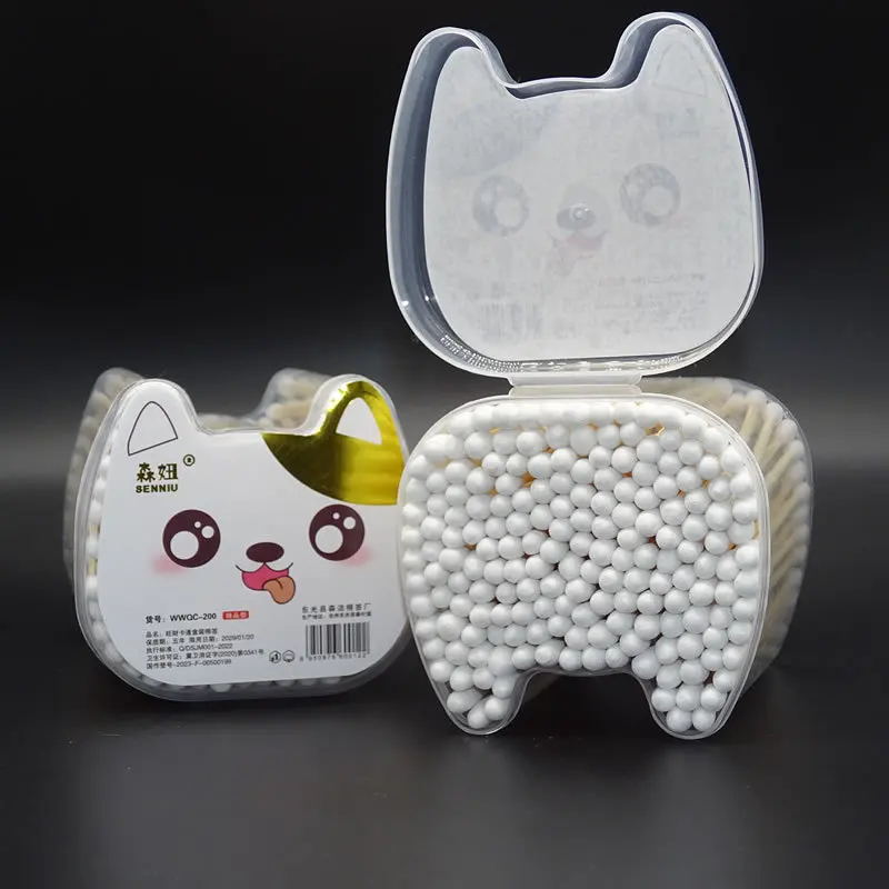 200pcs Household Makeup Removal Ear Digging Cat Cotton Swab Hygiene Cleaning Cotton Swab Disposable Round Head Cleaning