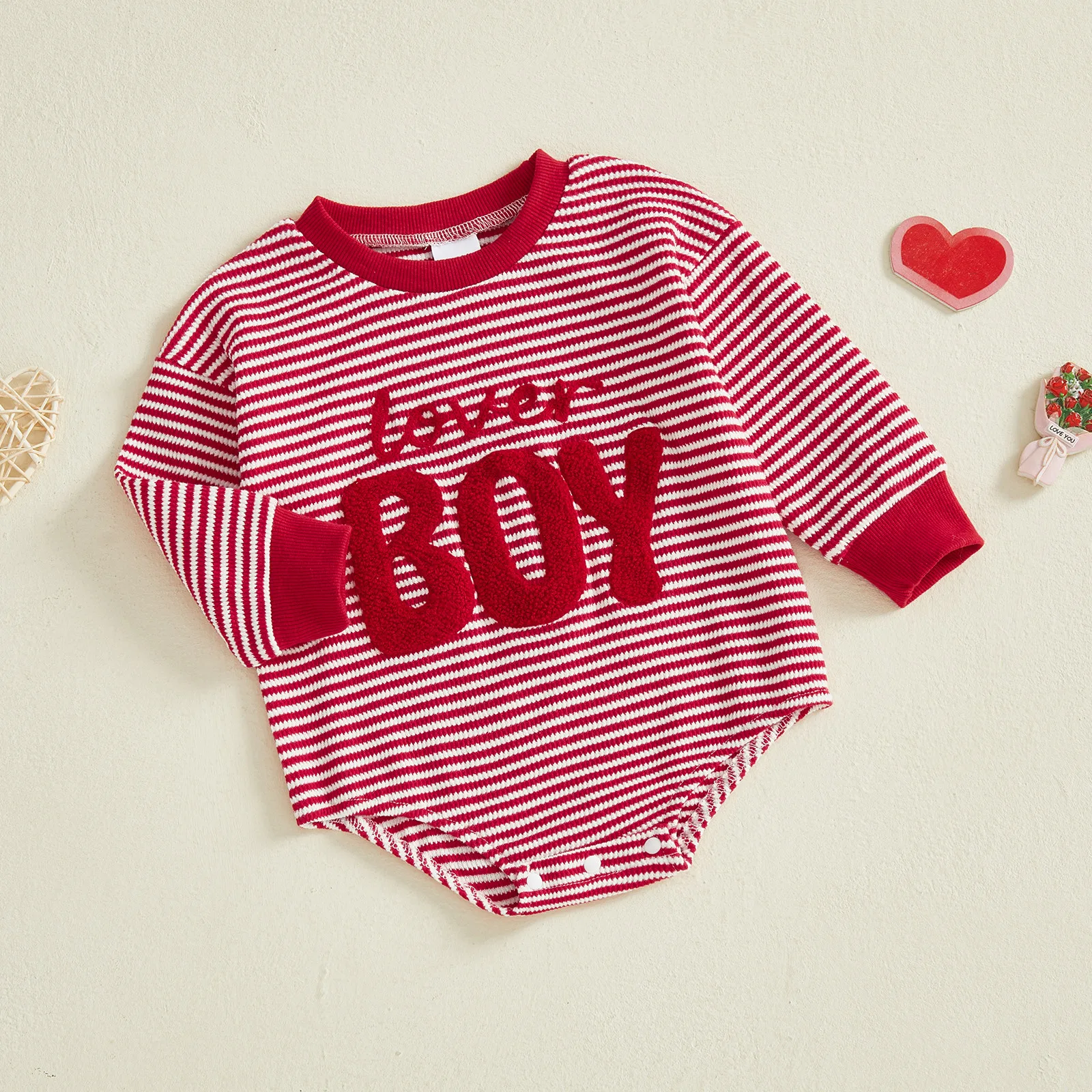 0-18months Boy Infant Valentine Day Romper Letter Embroidery Stripe Spring autumn Bodysuit for baby boys