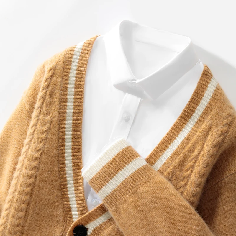 Cardigan in maglia con doppia tasca color block in lana merino al 100% Cashmere morbido maniche lunghe Abbigliamento da uomo confortevole e di base