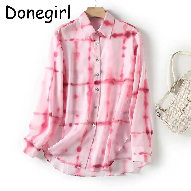 

Donegirl New 2023 Women Summer Tie-dye Printed Loose Casual Shirt Single-breasted Button Commute Blouses Tops Female Chic