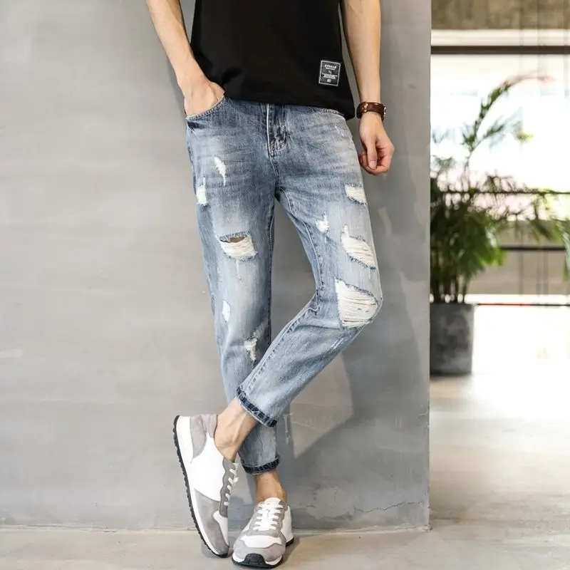 

Tapered Man Cowboy Pants Ripped with Holes Broken Luxury Kpop Stacked Casual Regular Washed Cotton Jeans for Men Trousers Torn