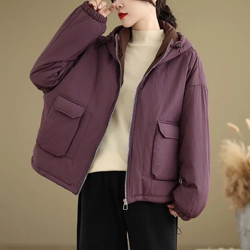 Retro Large Pocket Loose Cotton Jacket For Women 2024 New Autumn Winter Thick Warm Hooded Zipper Padded Coat Mujer Abrigos a048