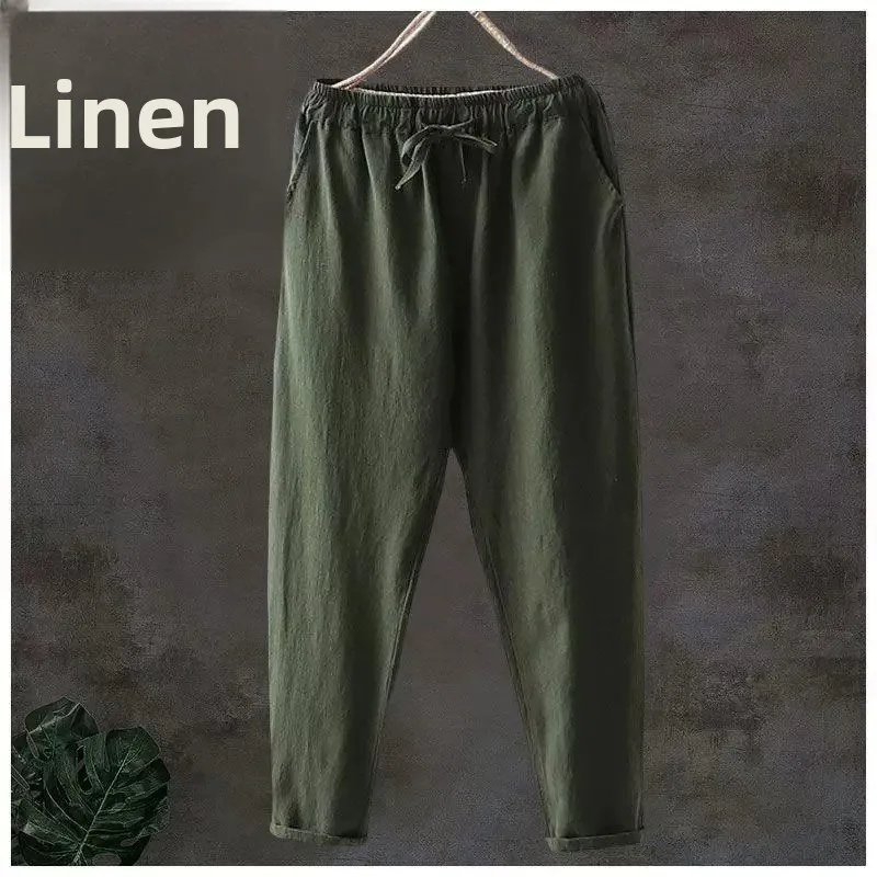 Pure Linen Breathable Elastic New Style Nine-Piece Pants Thin Cotton-Like Casual Trousers for Men Simple Color Block Design