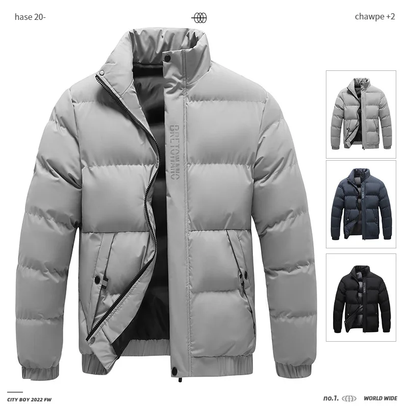 Men Stand Collar Puffer Jacket Winter Thick Warm Cotton Coat Zip Up Windproof Outerwear Casual Solid Color Parka Male Streetwear