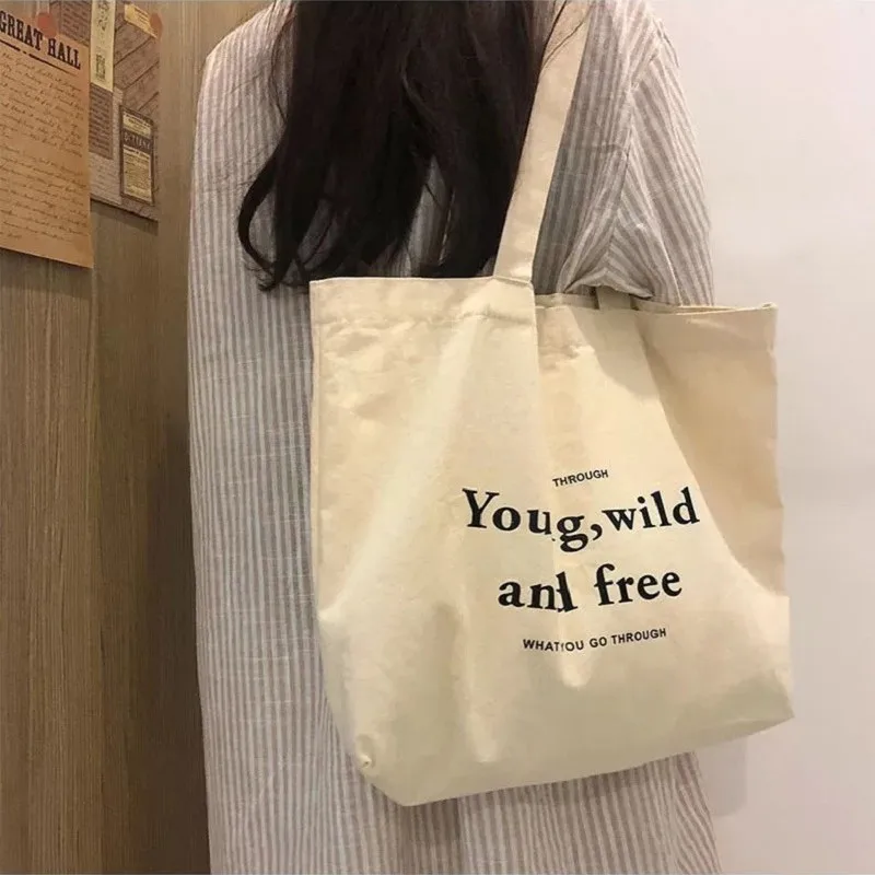 Borse a tracolla Casual di grande capacità Shopper Canvas Letter Fashion Harajuku Zipper Print Ulzzang borse Tote Bag da donna a buon mercato