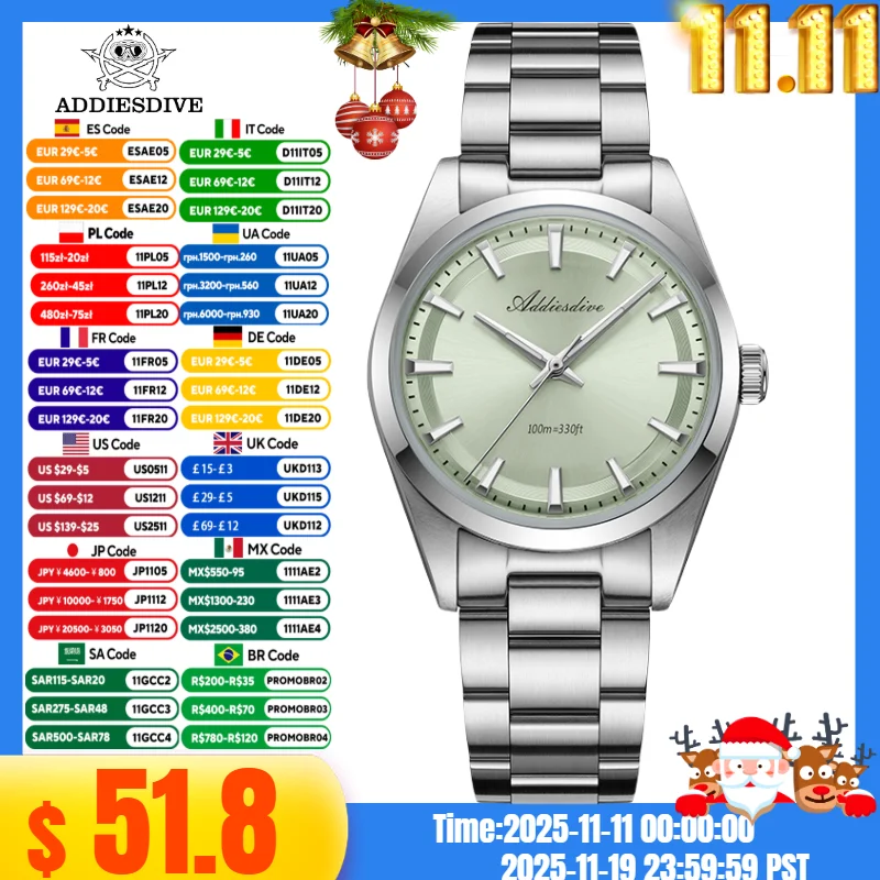 

ADDIESDIVE AD2066 Men's Luxury Watch 10Bar Waterproof BGW9 Super Luminous 316L Stainless Steel reloj hombre VH31 Quartz Watches