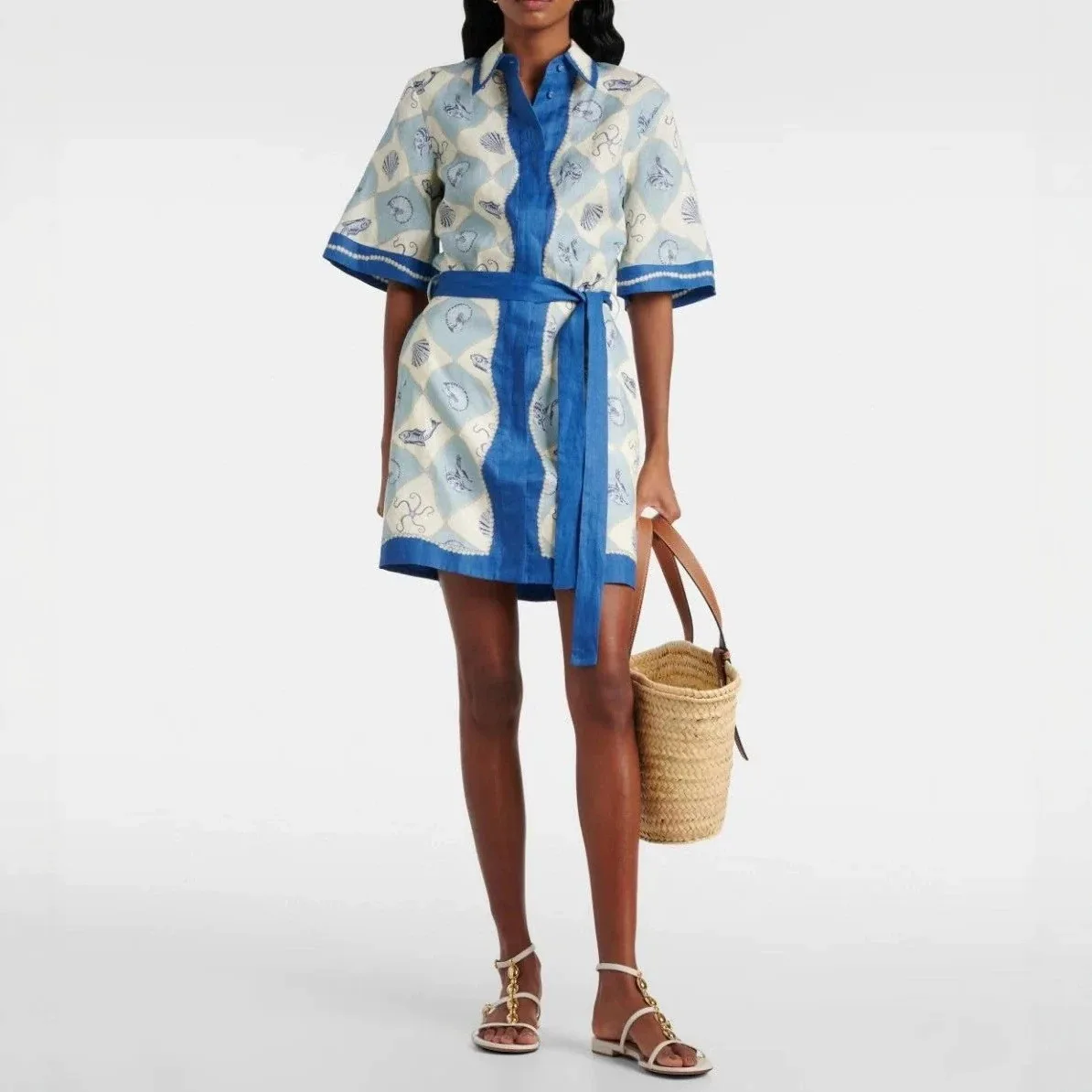 Bohemian Style Blue Print Short Shirt Dress Loose Short Sleeve Turndown Collar Dress Slimming Casual Women's Suits Female