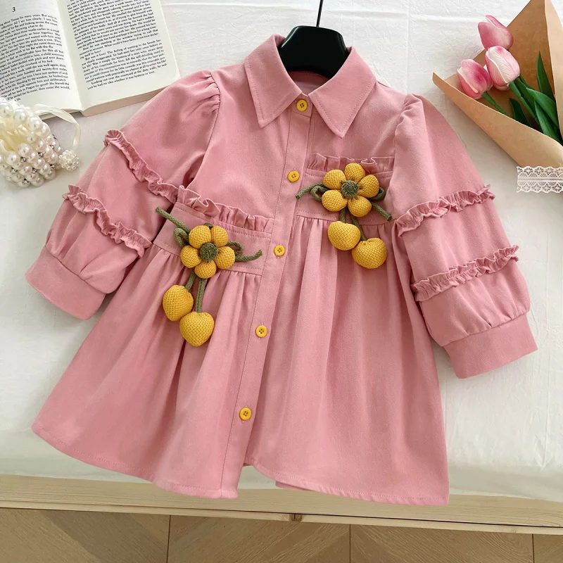 

Girls' Shirt Dress2025Spring and Autumn New Children's Stylish Long Sleeve Elegant Floral Princess Dress
