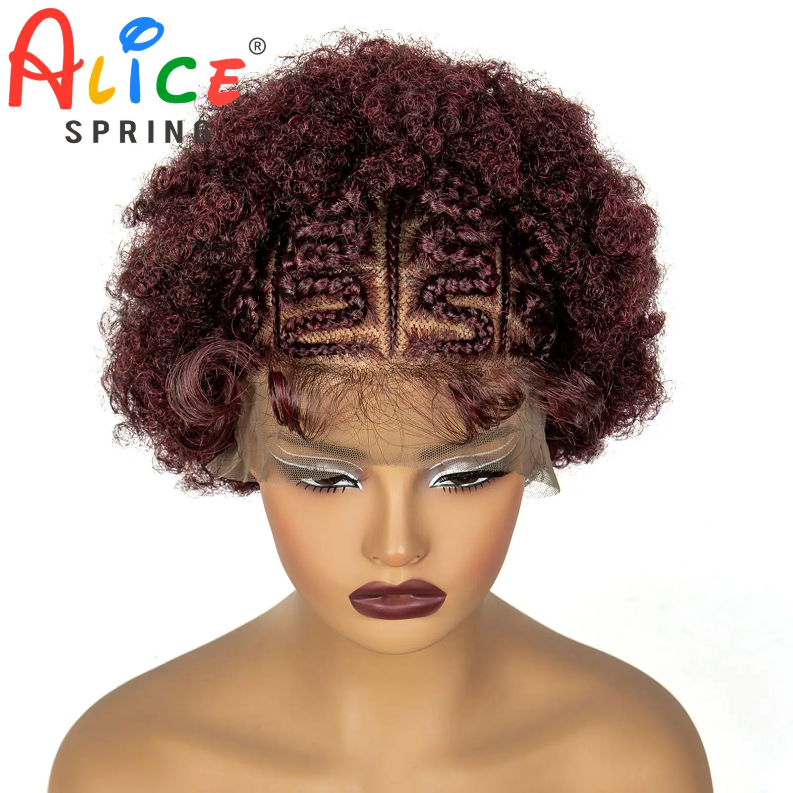Burgundy 99J# Afro Kinky Curly Synthetic Braided Wigs with Baby Hair 13x6 Transparent Short Bouncy Curly Braids Wig For Wome