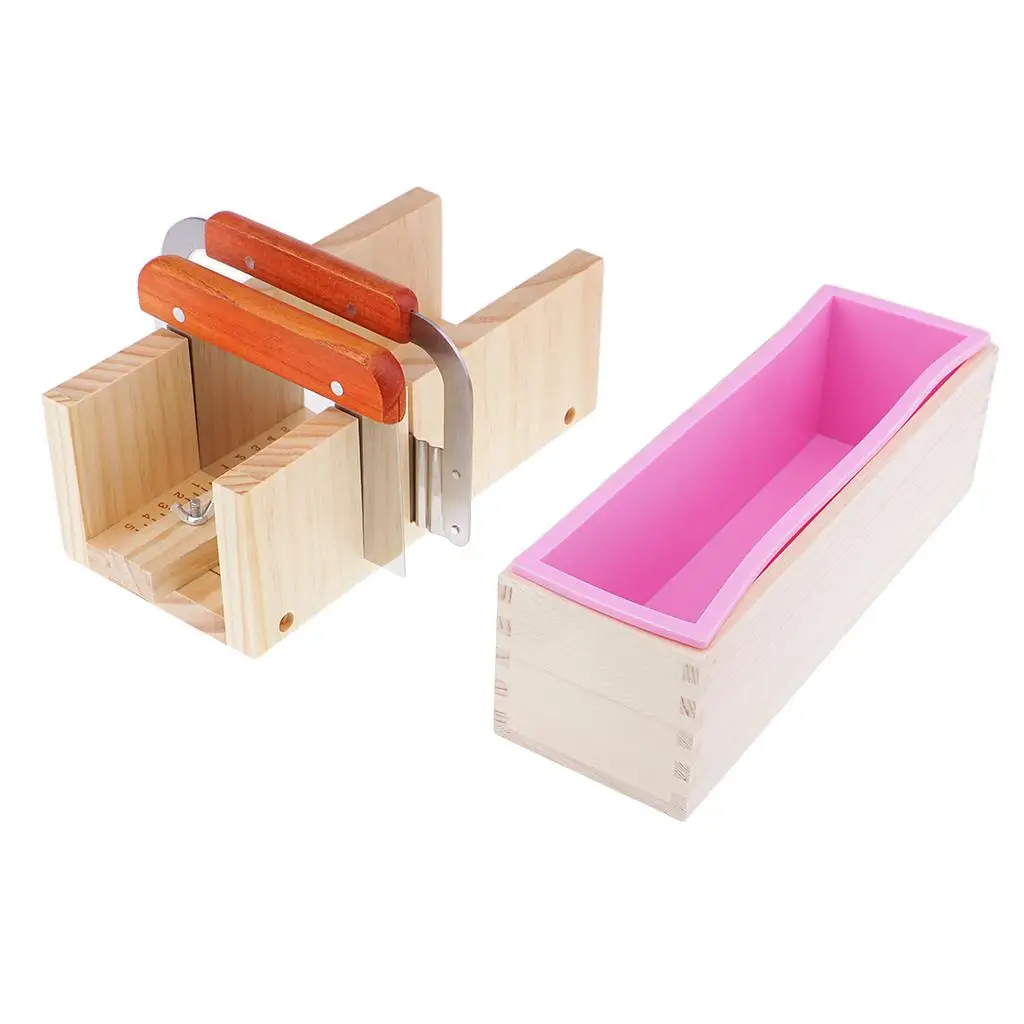 Wooden Soap Loaf Cutter + 2 Pieces Stainless Steel + Rectangle Silicone with DIY Soap Making Supplies