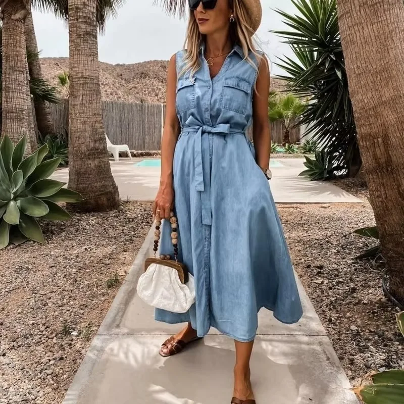 

Blue Sleeveless Denim Dresses for Women 2023 Ladies Midi Vestidos Casual Sundress Indie Summer Belted Beach Robe Large XL