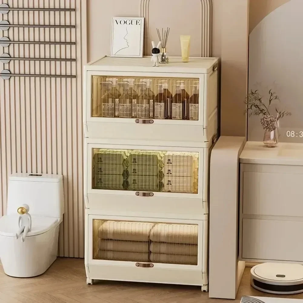 

Foldable Storage Cabinet Living Room Folding Storage Box 3-Tier Snack Organization Box Multi-Layer with Flip Cover and Wheels