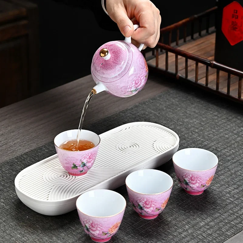 Gradient Enamel Travel Tea Set Outdoor Grilled Multicolor Luxury Gift One Pot Four Cup Teapot Tea Set Portable Bag Light Luxury