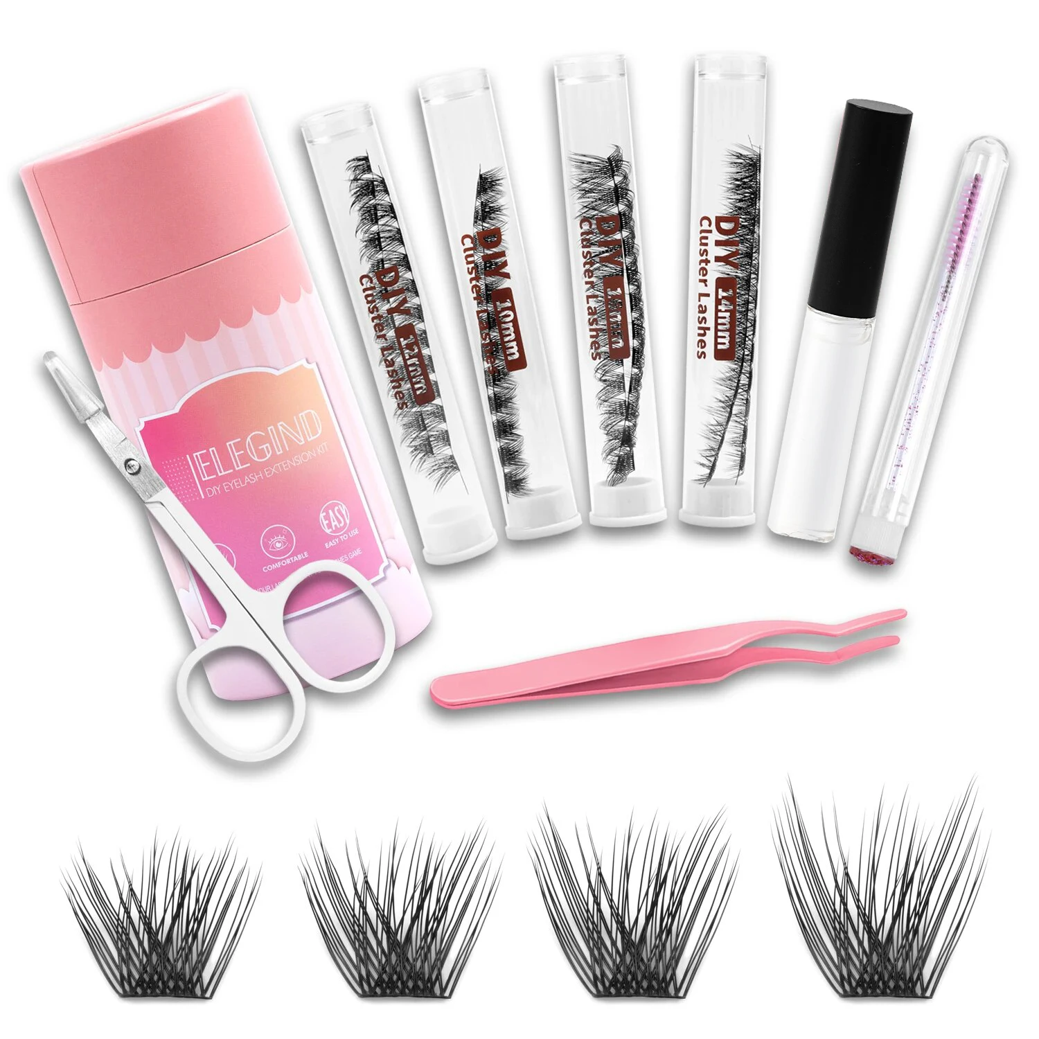 

DIY Eyelash Extension Kit With 3D Volume 12/14mm Lash Clusters Individual Lashes Coating Remover Tweezers Eyelash Glue