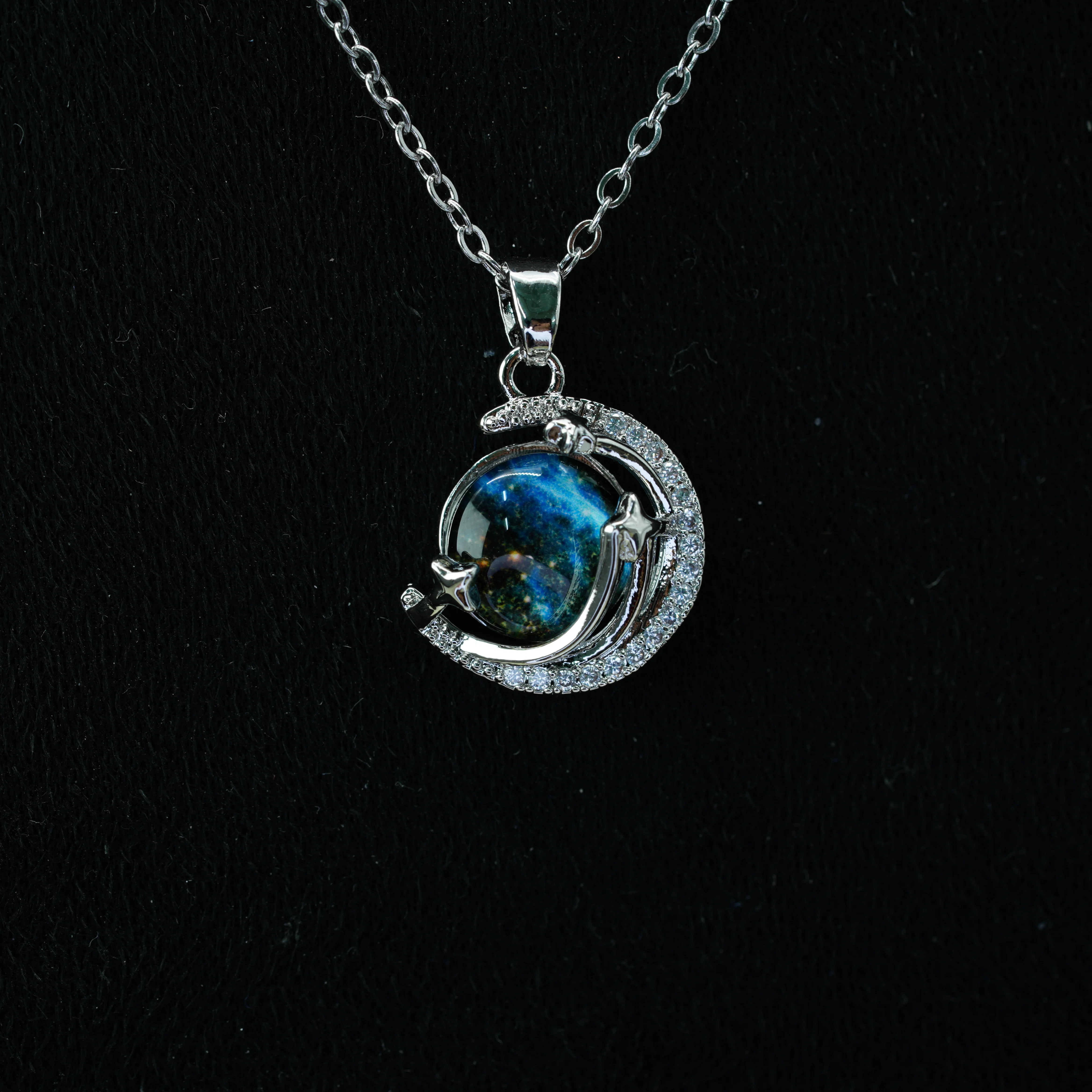 Dreamy Silver Copper Necklace, Moon Star Pendant, Blue Galaxy Cabochon, Zircon Trim, Cable Chain Jewelry for Daily Wear & Dating