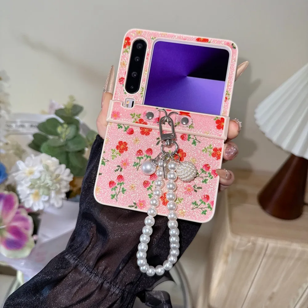 

For HuaWei Pura X Glitter Flower Phone Case Hinge Protective PC Hard Shell Shockproof Bracelet Back Cover