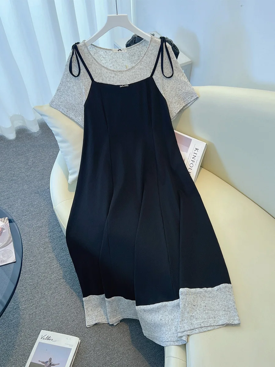 

140Kg Plus Size Women's Bust 142 Summer Loose Short Sleeved Patchwork Fake Two-Piece Temperament Dress Black 5XL 6XL 7XL 8XL