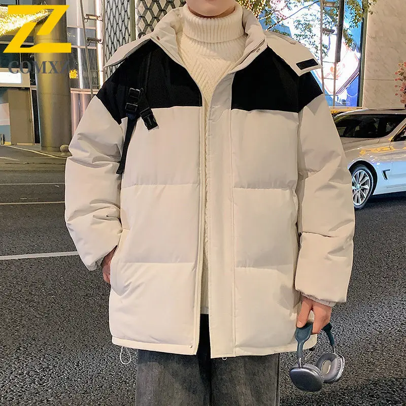 2025 New Winter Padded Jacket Men's Trendy Casual Solid Color Windproof Warm Hooded Parka Man Snow Very Cold Cotton Padding Coat