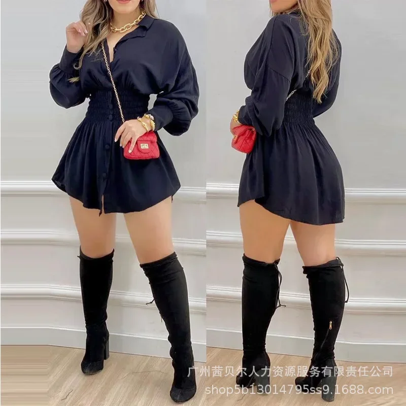 Spring Summer New Women\'s Clothing Black Turn-down Collar Waist Single-Breasted Shirt Dress